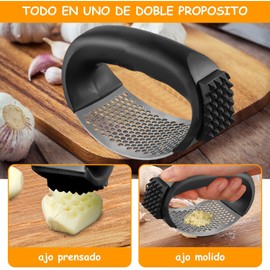 Exprimidor de Ajos, Picadora de Ajos con Mango Cómodo para Aplastar Ajos, Prensa de Ajo de Acero Inoxidable, con Pelador de Ajos y Cepillo, Picador de Ajo Innovador, Trituradora de Jengibre (Negro)
