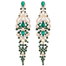 Art Deco Long Dangle Statement Earring Green Crystal Rhinestone Cluster Chandelier, Party Prom