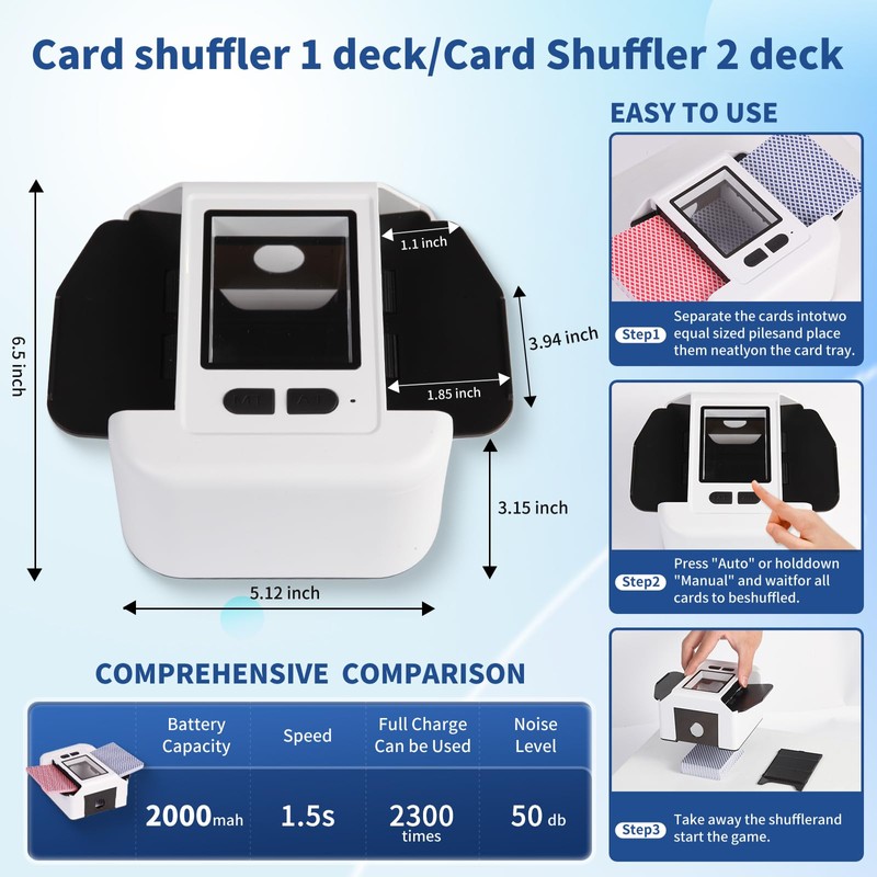Rechargeable Automatic Card Shuffler for 2 Decks, 2000mAh Built in