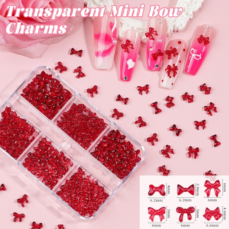 2 Boxes 3D Bow Nail Charms, Red Mini Bow Charms