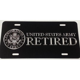 Engraved US Army Retired Car Tag Silver Diamond Etched on Black Aluminum Vanity Front License Plate Gift