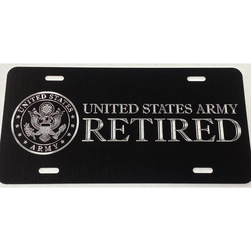 Engraved US Army Retired Car Tag Silver Diamond Etched on
