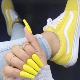 Allereya Super Long Coffin False Nails Ballerina Yellow Press On Nails Prom Party Clip On Nails Super Long Full Cover Acrylic Nails Art for Women and Girls Pack of 24 (Yellow)
