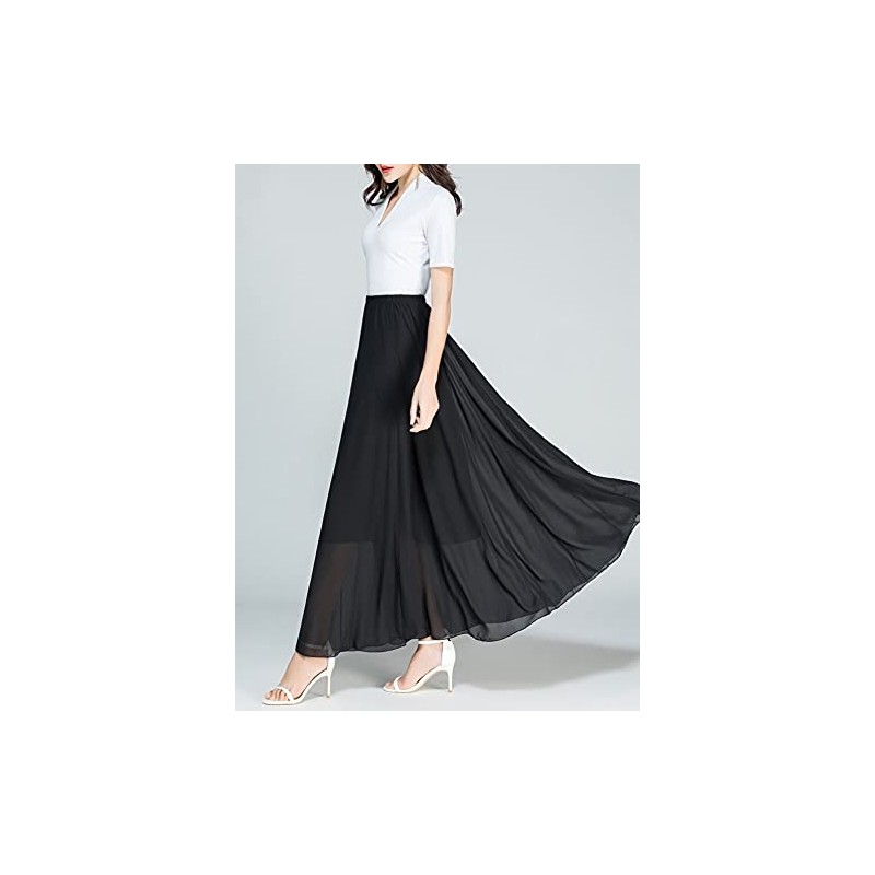 SYVENT Women's Chiffon Maxi Skirt Spring Summer Elastic Waist Lined