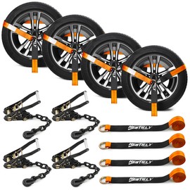 4 Pack Reflective Car Tie Down Straps for Trailers - Tire Ratchet Strap with Chain Anchors - 2" x 8' 9900LBS Break Strength - Lasso Style Wheel Straps for Hauling UTV, SUV, Truck