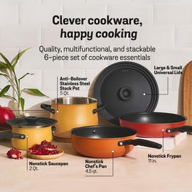 Meyer 6 Piece Stacking Essential Set with Universal Lids , Hard Anodized Non Stick and Stainless Steel Pots and Pans, Induction Compatible, Dishwasher Safe, Oven Safe, Spark Edition, Accent Series