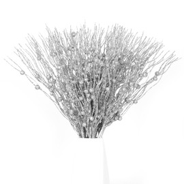 Joyhalo 24 Pack Christmas Tree Picks and Sprays, Christmas Tree Filler Decorations, Christmas Glitter Berry Stem Ornaments, Glittery Twigs, Picks, Branches for Silver Christmas Tree Decortions