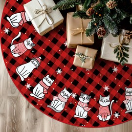Tian Zhun Christmas Tree Skirt Red Buffalo Plaid Tree Skirt Cat Xmas Party Winter Holiday Tree Mat 30 Inch for Indoor Outdoor Decorations