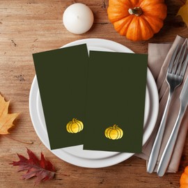 Horaldaily 50 Fall Disposable Paper Decorative Guest Napkins, Green Thanksgiving Autumn Harvest Gold Foil Pumpkin Hand Towel for Party Lunch Dinner Kitchen Bathroom