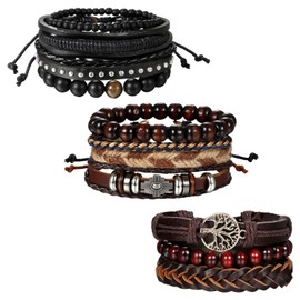 Cupimatch Leather Bracelet Set Wide Men's Black Brown Braided Punk Rock Leather Bracelet Adjustable Bracelets Christmas Gifts for Him, Leather Wood, Without Stone