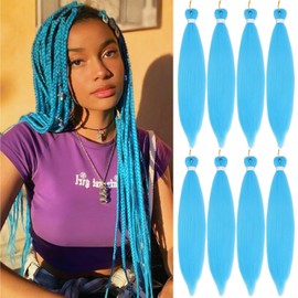 Blue Braiding Hair Pre Stretched 20 Inch 8 Packs Pre Stretched Braiding Hair For Braiding For Soft Locs Hot Water Setting Yaki Texture Easy To Twist(20Inch,Light Blue)