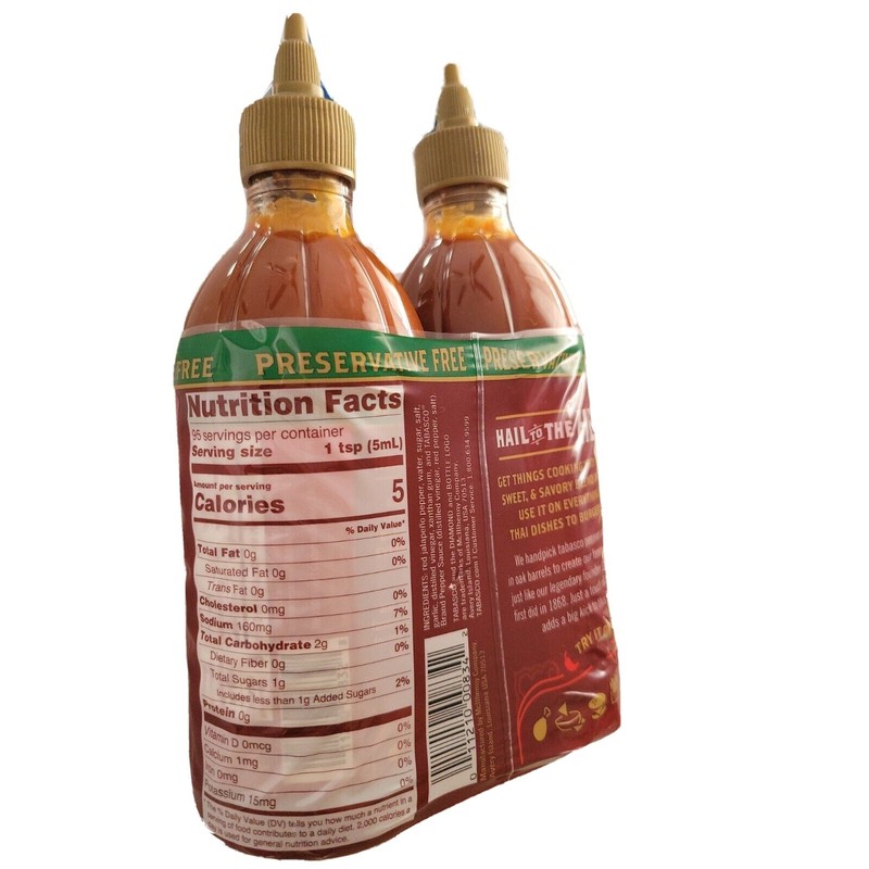 TABASCO SRIRACHA PRESERVATIVE FRRE HOT SAUCE Non GMO 2 Bottles