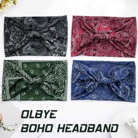Olbye Wide Boho Headbands Floral Stretch Head Wraps Bohemian African Turban Hairbands Knotted Bandana Headband Yoga Running Head Scarfs Workout Hair Accessories for Women 4Pcs (Bohemian, 9.4 * 5.9'')