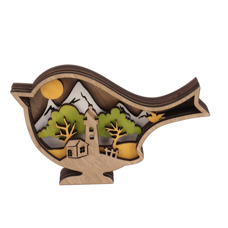 Wooden Bird Statues with Light 3D Hollow Hand Carved Birds