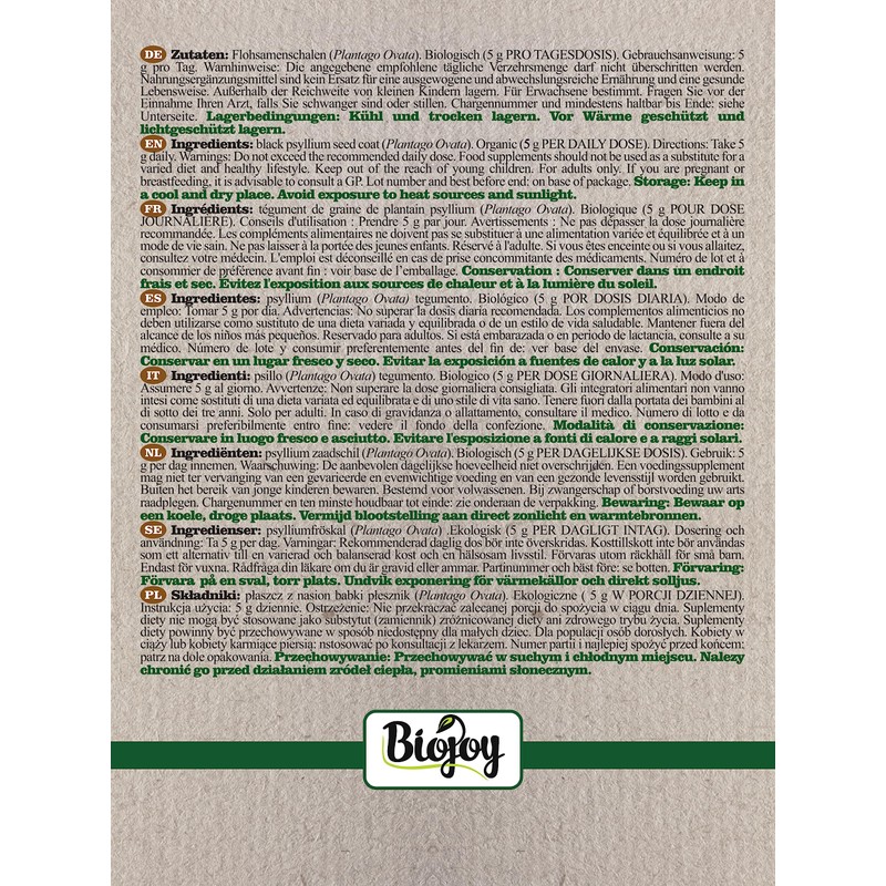 Biojoy Organic psyllium husks (250 g), 99% purity Plantago ovata,