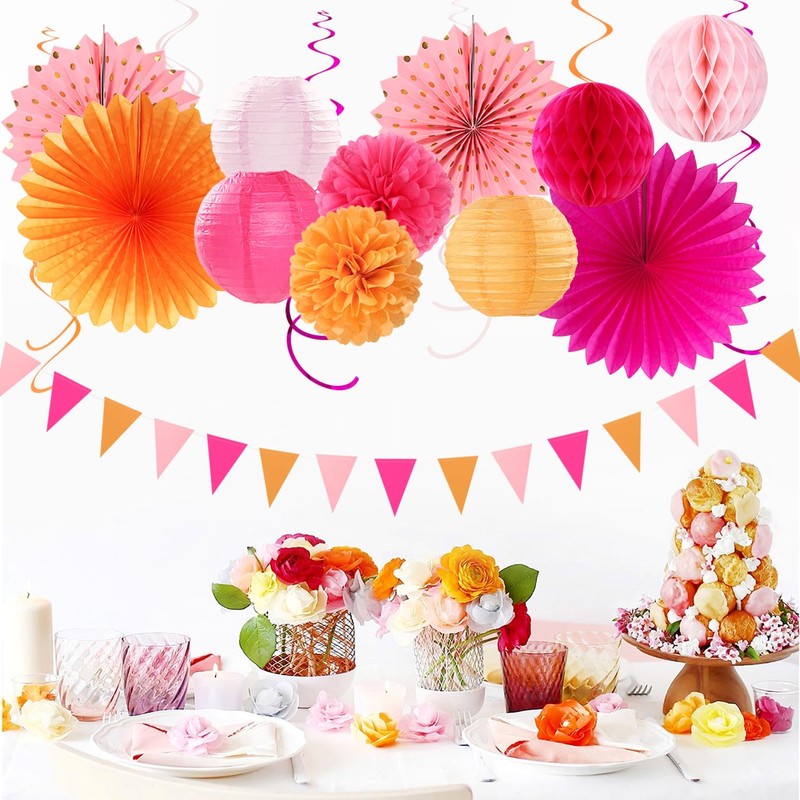 Pink-Orange Fall Party-Decorations Paper-Flowers Lanterns - 20PCS Autumn Wedding Birthday