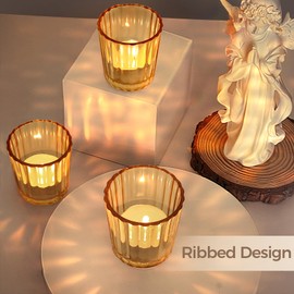 ComSaf Votive Candle Holders, 12 PCS Glass Candle Holders, Ribbed Tealight Candle Holder for Table Centerpieces, Gold Candle Holder for Wedding, Party, Baby Shower, Special Occasions, Fall Home Decor