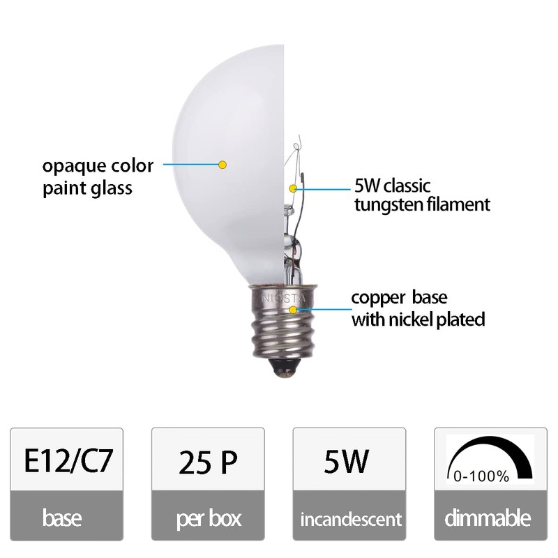 NIOSTA 25 Pack G40 Replacement Bulbs,5W 120V Incandescent Glass Bulbs,for