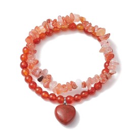 Hemasa 2Pcs Natural Red Agate Round Round Beads With Natural Heart Jasper Charm Stretch Bracelets