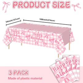 MAYSUN 3 Pieces Pink Bow Tablecloth 54x108in Checkered Bow Theme Birthday Party Disposable Rectangle Table Cover for Girl Bachelorette Bridal Baby Shower Kitchen Dining Decorations