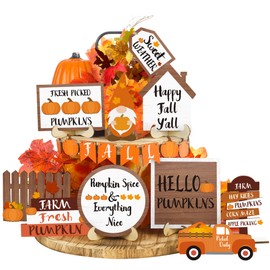 20 Pcs Fall Tiered Tray Decor Thanksgiving Pumpkin Gnome Truck Wooden Sign Rustic Farmhouse Decorative Tray Signs Tabletop Decor for Fall Thanksgiving Harvest Home Shelf Table Decor