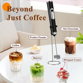 ZAKASEA Agitador de Leche 6 en 1 con Base de Soporte, Espumador Eléctrico Recargable, Espumador de leche, con 3 Cabezales de Acero Inoxidable y 3 Velocidades, para Espuma de Leche,Capuchino (Negro)