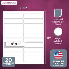 NextDayLabels – 4” x 1" Rectangular Sticker Labels for Printer - White Laser/Inkjet Printer Labels Return Address Labels Shipping Label Stickers (50 Sheets, 20 Per Sheet, 10000 Labels)