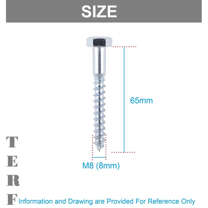 TERF® M8 X 65mm Coach Screws Hex Head Stainless Steel