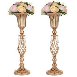 2 Pcs Elegant Metal Gold Floral Vase, Beaded Crystal Gold Trumpet Crown Vase, Perfect for Wedding Banquets, Birthdays, Anniversaries, Holiday Parties and Other Important Event Centerpieces(23.2")