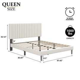 Sismplly Queen Size Bed Frame with Velvet Upholstered Headboard, Platform Bed with Strong Wood Slats, Mattress Foundation, Box Spring Optional, Easy Assembly, Beige