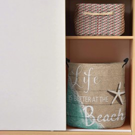 Laundry Basket Summer Coastal Starfish Teal Sea,Waterproof Collapsible Clothes Hamper Life is Better at Beach Seashells Farm Wood Planks,Large Storage Bag for Bedroom Bathroom 13.8x17In