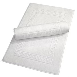 MAKOOZ 2 Pc Bath Mat Set-Classic Greek Key Pattern 750 GSM - Non-Slip, Ultra Soft Touch, Water Absorbent Rug, Quick Drying, Egyptian Cotton Plush Foot Towel for Bathroom Tub and Shower –White 50x75 CM