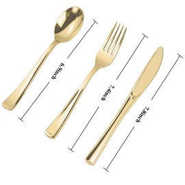 N9R N9R 300PCS Gold Plastic Silverware, Heavy Duty Gold Plastic Cutlery Set Disposable Flatware Dinnerware, 100 Forks, 100 Spoons, 100 Knives, Perfect for Party, Weeding and Daily Use