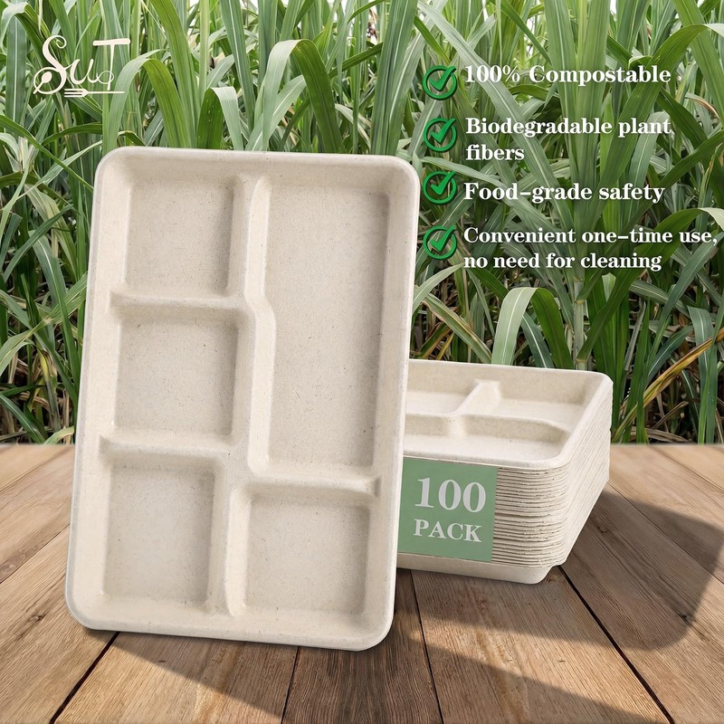 SUT SUT100% Compostable 5 Compartment Plates, 100 Pack Disposable Paper