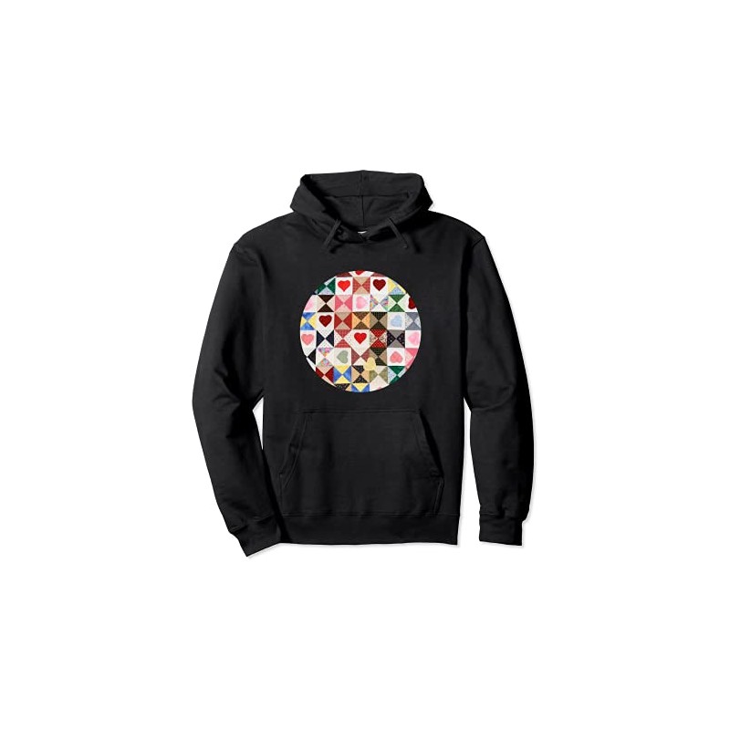 Vintage Quilt Pattern Squares and Hearts Pullover Hoodie