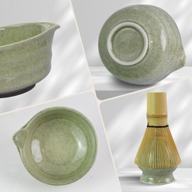 Myrthra 4PCS Japanese Matcha Whisk Set, Matcha Bowl with Spout, Ceramic Holder, Bamboo Whisk(Chasen), Bamboo Scoop for Tea Lover Tea Ceremony(Jade)
