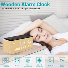 Andoolex Wooden Digital Alarm Clock with Wireless Charging, 0-100% Adjustable Brightness Dimmer and Alarm Volume, Weekday/Weekend Mode, Dual Alarm, Snooze, 12/24H, Wood LED Clock for Bedroom (Bamboo)