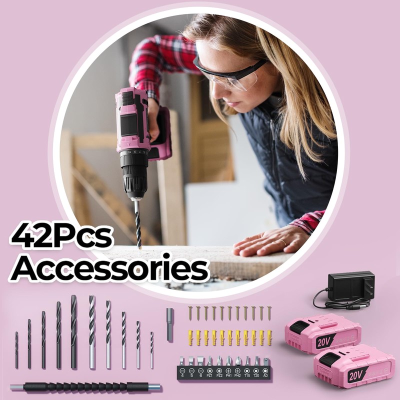 Pink Cordless Drill Set, Double 2000mAh Power Pack Electric Power