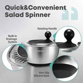 SveBake 5.3Qt Stainless Steel Salad Spinner with Stop Button, BPA-Free Vegetable Lettuce Spinner, Transparent Lid & Drainage Hole, Non-Slip Base, Dishwasher Safe Fruit Washer