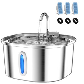 Cat Water Fountain - 3.2L/108oz Stainless Steel Pet Water Drinking Fountain for Cats Indoor, Dog Water Fountain with Water Level Window and 3 Filters + 3 Sponges