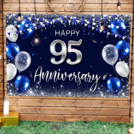 Happy 95th Anniversary Backdrop Banner Decor Silver Glitter Happy 95 Years Wedding Anniversary Party Theme Decorations for Women Men Supplies