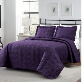 Chezmoi Collection Kingston 3-Piece Dark Purple Queen Size Quilt Set - Lightweight All Season Bed Coverlet Oversized Queen Bedspread 100" x 106"