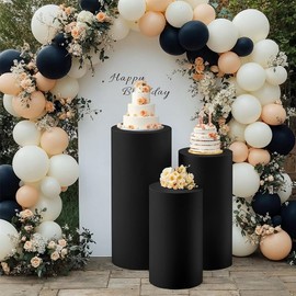 CREATCABIN Set of 3 Black Cylinder Pedestal Stand Covers Spandex Cylinder Stand Covers Plinth Pedestal Cover Elastic Cloth Round Display for Birthday Parties Wedding Decoration(Without Stands)