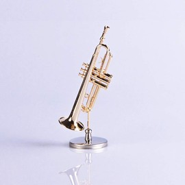 M4MUSIC Mini Copper Trumpet Model Collectible Miniature Dollhouse Music Instrument Miniature Replica Trumpet with Stand and Case --- 5 Inches