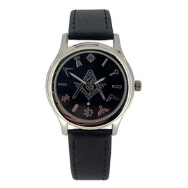 WESTIME Masonic Freemason Square and Compass Black Dial Leather Wrist Watch