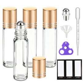 PrettyCare 4 Pack, 10 ml Essential Oil Roller Bottles with Stainless Steel Roller Ball - Refillable Leak-proof Empty Thick Clear Glass Roll on Bottles with Metal Caps for Travel, Perfume
