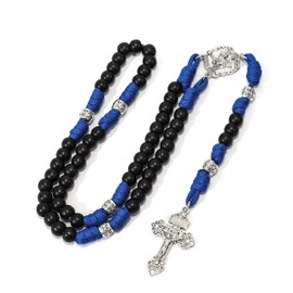Nazareth Store Black Beads Blue Paracord Rosary Rugged Beaded Necklace Strong Cord St.Michael Medal Pardon Cross