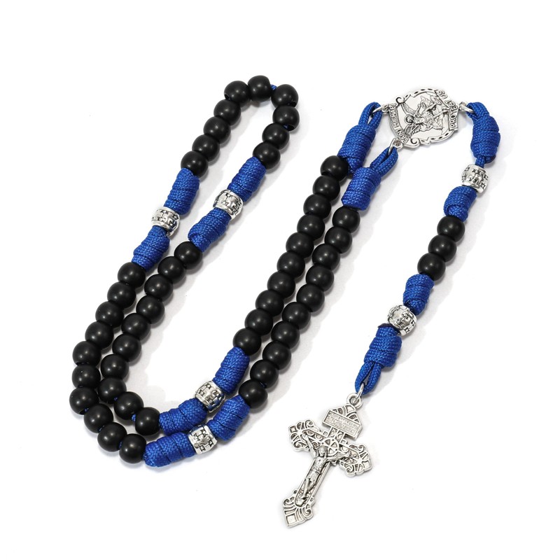 Nazareth Store Black Beads Blue Paracord Rosary Rugged Beaded Necklace