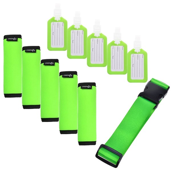 Cosmos 5 Pcs Fluorescent Green Comfort Neoprene Handle Wraps/Grip/Identifier + Luggage Tags + Fluorescent Green Nylon Add a Bag Luggage Strap