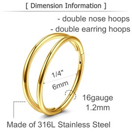 MODRSA Double Hoop Nose Ring - Gold 18g, 8mm Cartilage & Helix Hoops